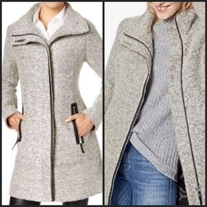 NEW! CALVIN KLIEN Wool Blend Faux Leather Trim Coat Petite Large.